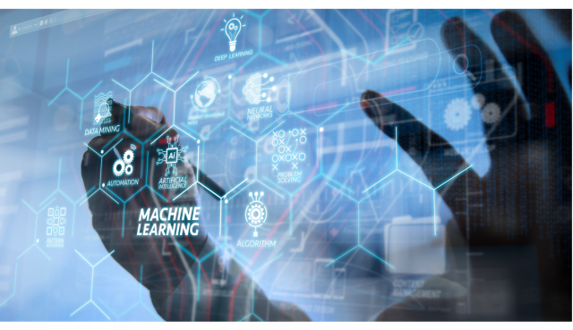 Two hands writing on a transparent keyboard displaying hexagons and programs