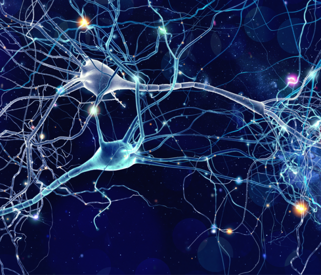Interconnected neurons on a blue background