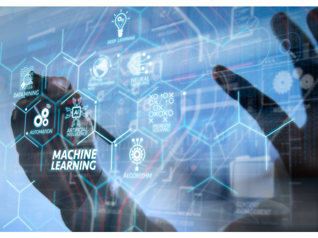 Two hands writing on a transparent keyboard displaying hexagons and programs.